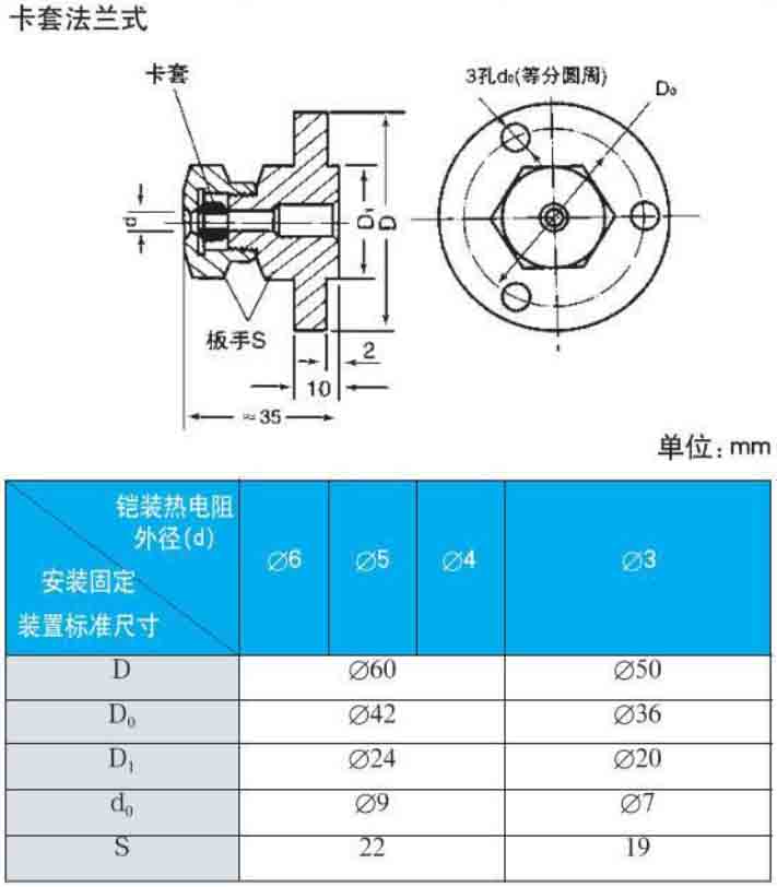 三線制熱電阻卡套法蘭式安裝尺寸圖