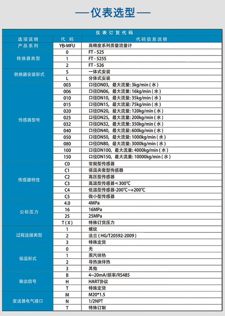 科氏力質量流量計選項表